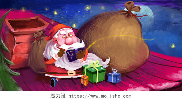 手绘圣诞老人在工作圣诞节背景海报素材